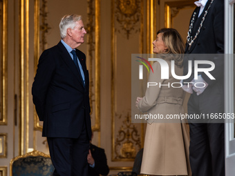 French Prime Minister Michel Barnier and his wife Isabelle Altamayer welcome King Philippe of the Belgians and Queen Mathilde at the Hotel d...