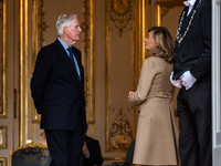 French Prime Minister Michel Barnier and his wife Isabelle Altamayer welcome King Philippe of the Belgians and Queen Mathilde at the Hotel d...