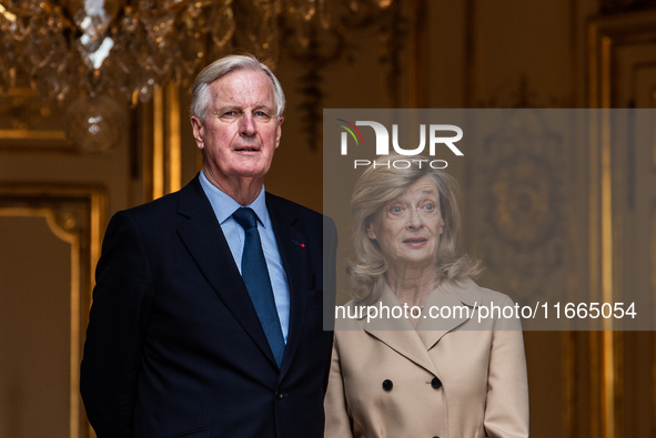 French Prime Minister Michel Barnier and his wife Isabelle Altamayer welcome King Philippe of the Belgians and Queen Mathilde at the Hotel d...