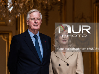 French Prime Minister Michel Barnier and his wife Isabelle Altamayer welcome King Philippe of the Belgians and Queen Mathilde at the Hotel d...