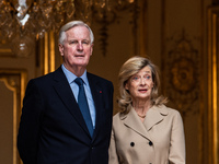 French Prime Minister Michel Barnier and his wife Isabelle Altamayer welcome King Philippe of the Belgians and Queen Mathilde at the Hotel d...