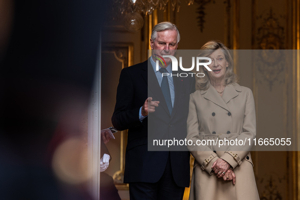 French Prime Minister Michel Barnier and his wife Isabelle Altamayer welcome King Philippe of the Belgians and Queen Mathilde at the Hotel d...