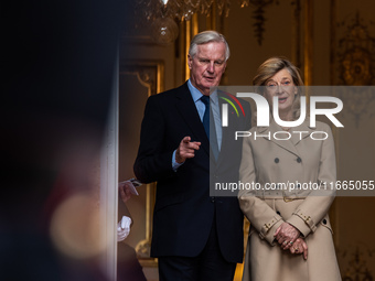 French Prime Minister Michel Barnier and his wife Isabelle Altamayer welcome King Philippe of the Belgians and Queen Mathilde at the Hotel d...