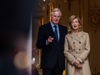 French Prime Minister Michel Barnier and his wife Isabelle Altamayer welcome King Philippe of the Belgians and Queen Mathilde at the Hotel d...