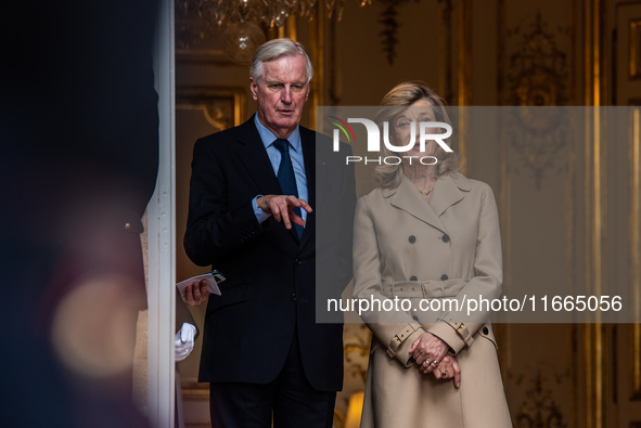 French Prime Minister Michel Barnier and his wife Isabelle Altamayer welcome King Philippe of the Belgians and Queen Mathilde at the Hotel d...