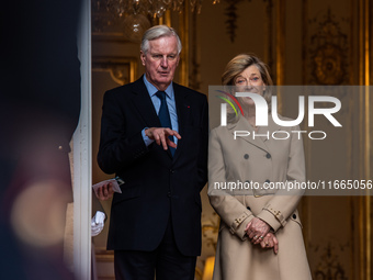 French Prime Minister Michel Barnier and his wife Isabelle Altamayer welcome King Philippe of the Belgians and Queen Mathilde at the Hotel d...