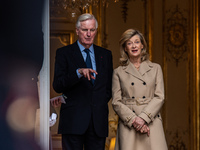 French Prime Minister Michel Barnier and his wife Isabelle Altamayer welcome King Philippe of the Belgians and Queen Mathilde at the Hotel d...