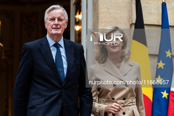 French Prime Minister Michel Barnier and his wife Isabelle Altamayer welcome King Philippe of the Belgians and Queen Mathilde at the Hotel d...