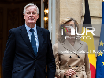 French Prime Minister Michel Barnier and his wife Isabelle Altamayer welcome King Philippe of the Belgians and Queen Mathilde at the Hotel d...