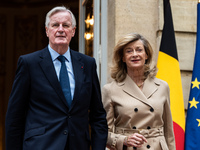 French Prime Minister Michel Barnier and his wife Isabelle Altamayer welcome King Philippe of the Belgians and Queen Mathilde at the Hotel d...