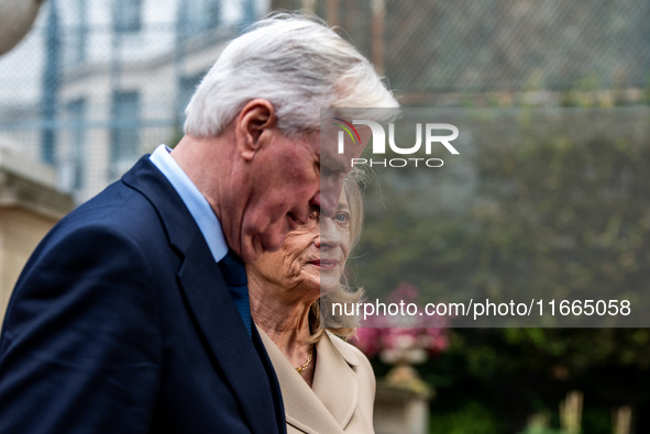 French Prime Minister Michel Barnier and his wife Isabelle Altamayer welcome King Philippe of the Belgians and Queen Mathilde at the Hotel d...