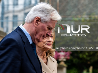 French Prime Minister Michel Barnier and his wife Isabelle Altamayer welcome King Philippe of the Belgians and Queen Mathilde at the Hotel d...