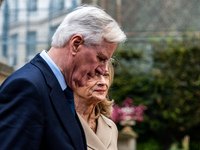 French Prime Minister Michel Barnier and his wife Isabelle Altamayer welcome King Philippe of the Belgians and Queen Mathilde at the Hotel d...