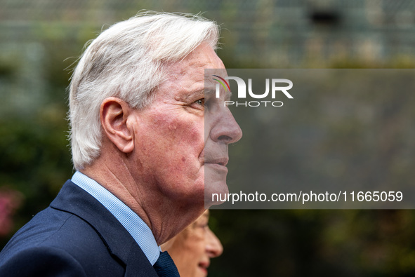 French Prime Minister Michel Barnier and his wife Isabelle Altamayer welcome King Philippe of the Belgians and Queen Mathilde at the Hotel d...