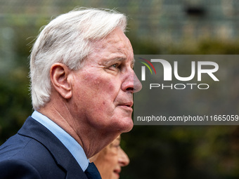 French Prime Minister Michel Barnier and his wife Isabelle Altamayer welcome King Philippe of the Belgians and Queen Mathilde at the Hotel d...