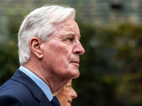 French Prime Minister Michel Barnier and his wife Isabelle Altamayer welcome King Philippe of the Belgians and Queen Mathilde at the Hotel d...