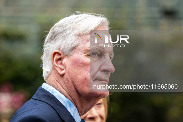 French Prime Minister Michel Barnier and his wife Isabelle Altamayer welcome King Philippe of the Belgians and Queen Mathilde at the Hotel d...