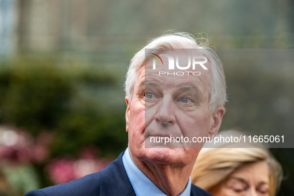 French Prime Minister Michel Barnier and his wife Isabelle Altamayer welcome King Philippe of the Belgians and Queen Mathilde at the Hotel d...