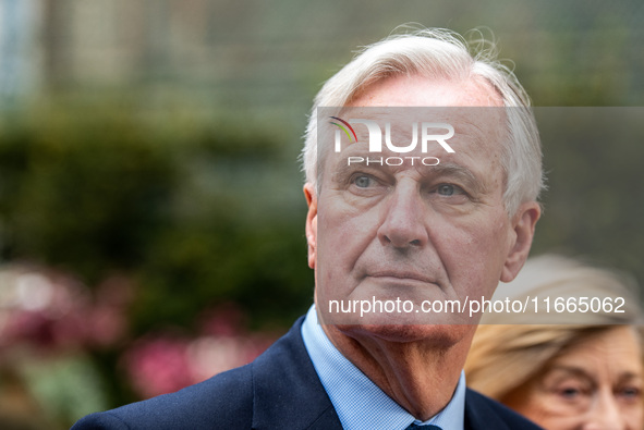 French Prime Minister Michel Barnier and his wife Isabelle Altamayer welcome King Philippe of the Belgians and Queen Mathilde at the Hotel d...