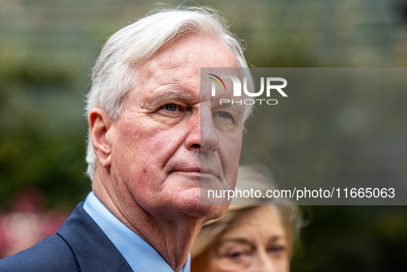 French Prime Minister Michel Barnier and his wife Isabelle Altamayer welcome King Philippe of the Belgians and Queen Mathilde at the Hotel d...