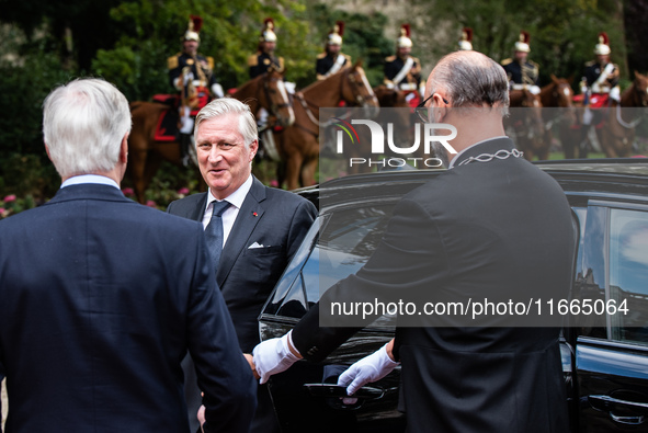 King Philip of the Belgians and Queen Mathilde are welcomed by Premier Michel Barnier and his wife Isabelle Altamayer in Paris, France, on O...