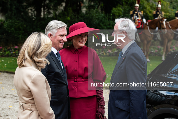 French Prime Minister Michel Barnier and his wife Isabelle Altamayer welcome King Philippe of the Belgians and Queen Mathilde at the Hotel d...