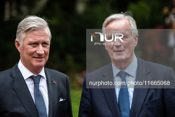 King Philippe of the Belgians and French Premier Michel Barnier are at the Hotel de Matignon during the state visit of the sovereigns of Bel...