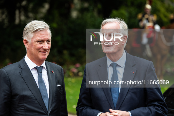 King Philippe of the Belgians and French Premier Michel Barnier are at the Hotel de Matignon during the state visit of the sovereigns of Bel...