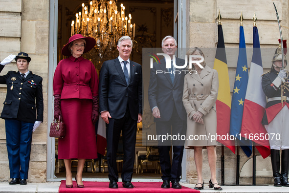 French Prime Minister Michel Barnier and his wife Isabelle Altamayer welcome King Philippe of the Belgians and Queen Mathilde at the Hotel d...