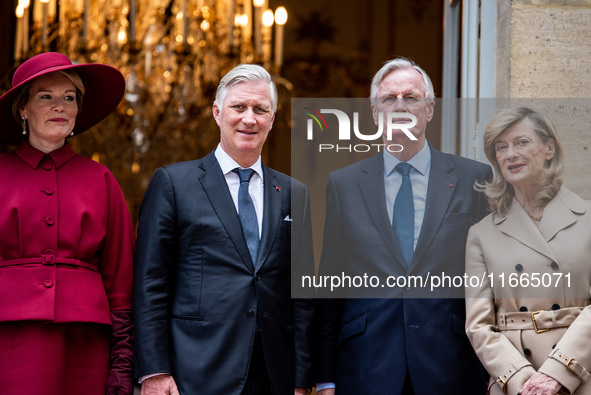 French Prime Minister Michel Barnier and his wife Isabelle Altamayer welcome King Philippe of the Belgians and Queen Mathilde at the Hotel d...