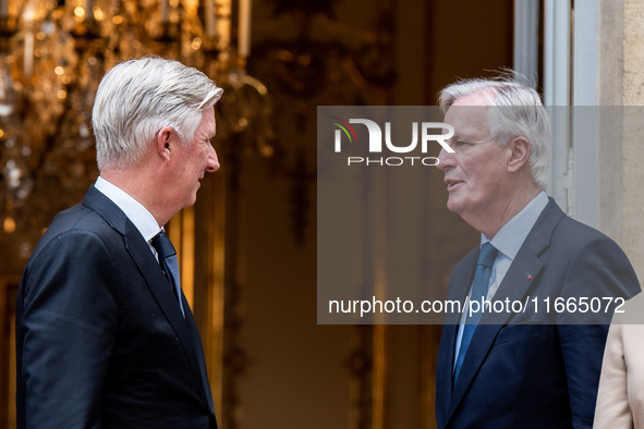 French Prime Minister Michel Barnier and his wife Isabelle Altamayer welcome King Philippe of the Belgians and Queen Mathilde at the Hotel d...