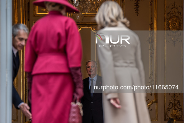 French Prime Minister Michel Barnier and his wife Isabelle Altamayer welcome King Philippe of the Belgians and Queen Mathilde at the Hotel d...