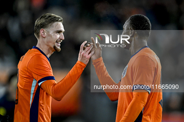 Netherlands player Kenneth Taylor and Netherlands player Neraysho Kasanwirjo celebrate the 3-0 goal during the Netherlands U21 vs. Sweden U2...