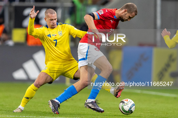 Mykhailo Mudryk, Tomas Soucek are playing during the  UEFA Nations League 2024 League B Group B1 match between Ukraine and Czechia , at the...