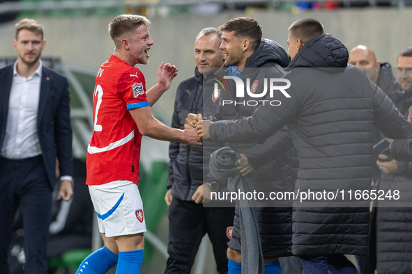 Lukas Cerv is celebrating scoring a goal during the  UEFA Nations League 2024 League B Group B1 match between Ukraine and Czechia , at the T...