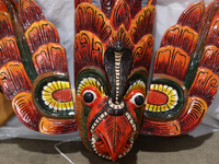 Traditional Sri Lankan wooden masks are in Markham, Ontario, Canada, on October 5, 2024. At a time when people worship trees and animals, ma...