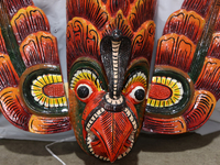 Traditional Sri Lankan wooden masks are in Markham, Ontario, Canada, on October 5, 2024. At a time when people worship trees and animals, ma...