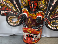 Traditional Sri Lankan wooden masks are in Markham, Ontario, Canada, on October 5, 2024. At a time when people worship trees and animals, ma...