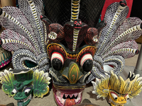 Traditional Sri Lankan wooden masks are in Markham, Ontario, Canada, on October 5, 2024. At a time when people worship trees and animals, ma...