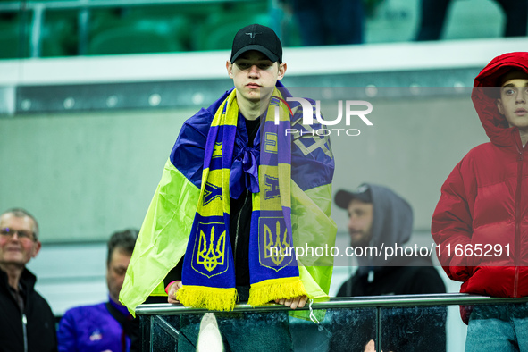 A Ukraine fan attends a football match of the UEFA Nations League between the Ukraine and Czechia national teams in Wroclaw, Poland, on Octo...