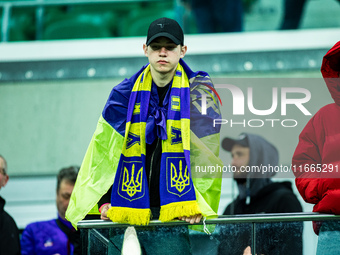 A Ukraine fan attends a football match of the UEFA Nations League between the Ukraine and Czechia national teams in Wroclaw, Poland, on Octo...