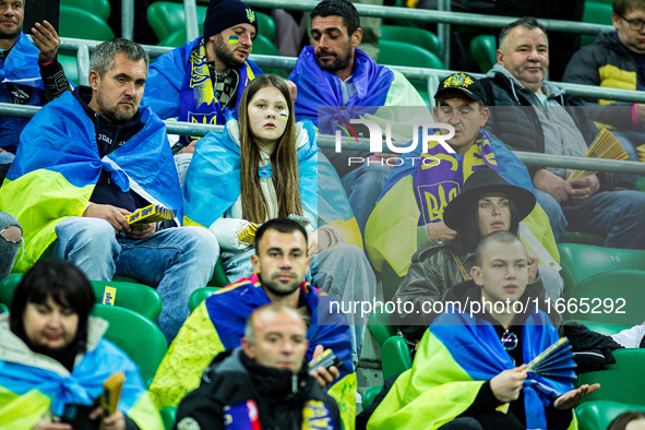 Ukraine fans attend a football match of the UEFA Nations League between the Ukraine and Czechia national teams in Wroclaw, Poland, on Octobe...