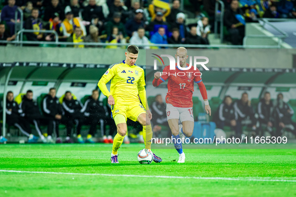 Mykola Matvienko and Vaclav Cerny participate in a football match of the UEFA Nations League between the Ukraine and Czechia national teams...