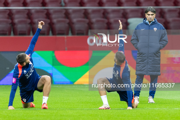 Marko Pjaca, Mislav Orsic, Trener Zlatko Dalic during training before UEFA Nations League match against Poland in Warszawa Poland on 14 Octo...