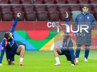 Marko Pjaca, Mislav Orsic, Trener Zlatko Dalic during training before UEFA Nations League match against Poland in Warszawa Poland on 14 Octo...