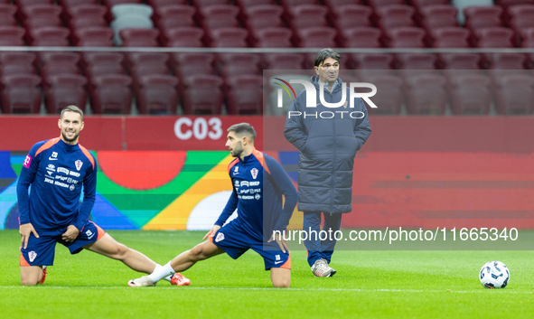 Marko Pjaca, Mislav Orsic, Trener Zlatko Dalic during training before UEFA Nations League match against Poland in Warszawa Poland on 14 Octo...