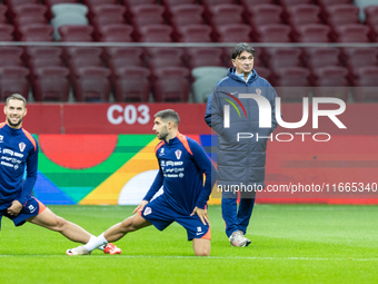 Marko Pjaca, Mislav Orsic, Trener Zlatko Dalic during training before UEFA Nations League match against Poland in Warszawa Poland on 14 Octo...