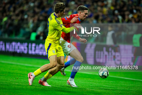 ILLIA ZABARDNYI AND JAN CERNY participate in a football match of the UEFA Nations League between the Ukraine and Czechia national teams in W...