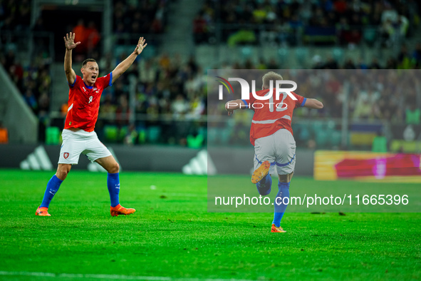 Jan Boril and Lukas Cerv participate in a football match of the UEFA Nations League between the Ukraine and Czechia national teams in Wrocla...