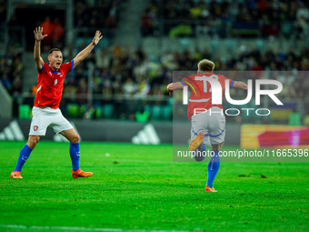 Jan Boril and Lukas Cerv participate in a football match of the UEFA Nations League between the Ukraine and Czechia national teams in Wrocla...